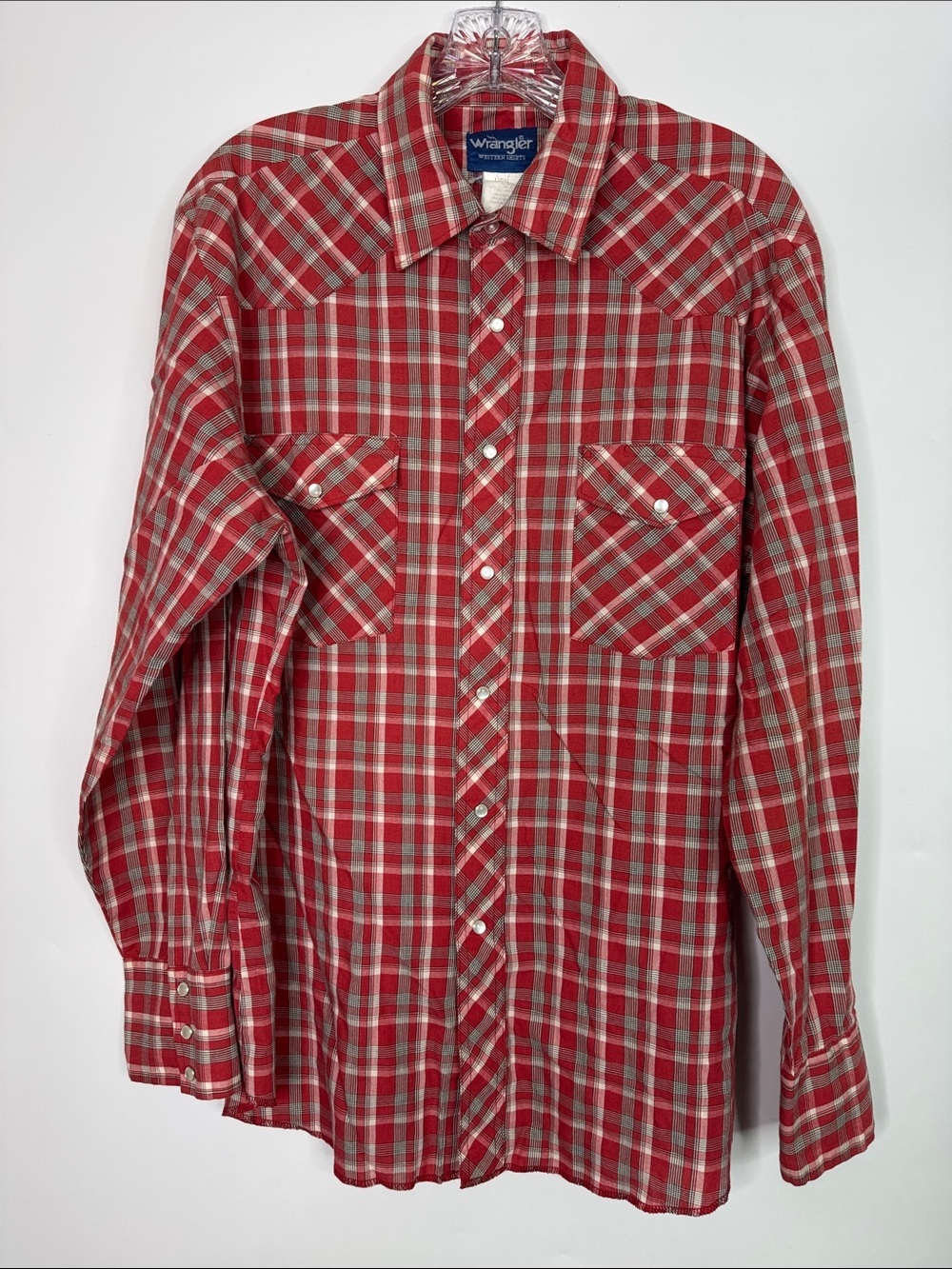 Vintage Wrangler Red Button Up Plaid Long Sleeve Shirt Size Large